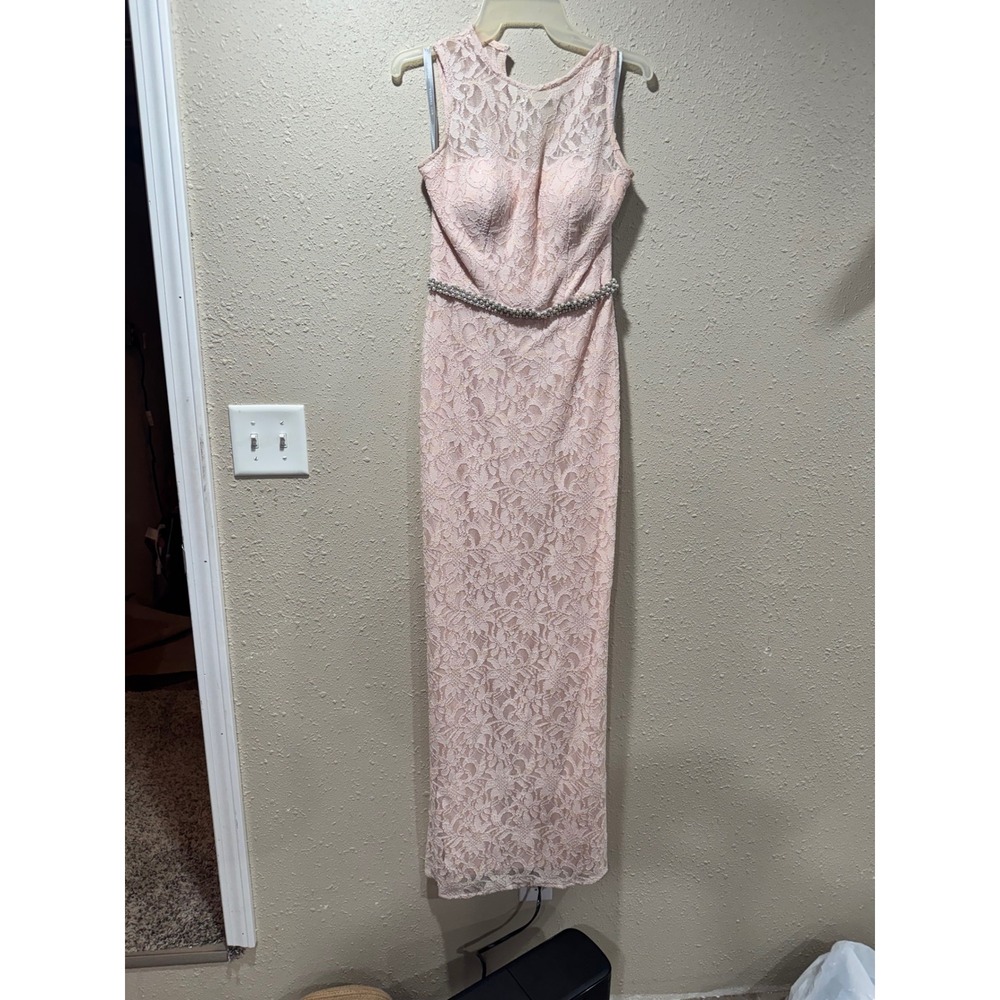 Bill Levkoff Blush Pink Lace Maxi Dress Beaded Waist Formal Gown Womensโ 2 748